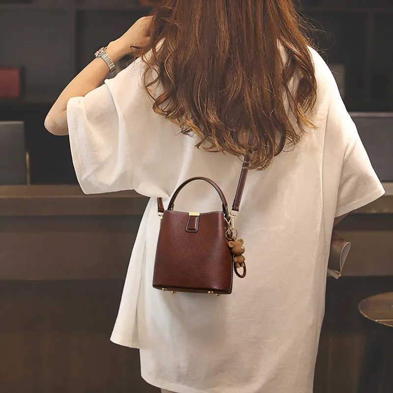VINEY Cow Leather Handbag, Crossbody Bag, Shoulder Bag, Bucket Bag Medium Size Women's Coffee-1