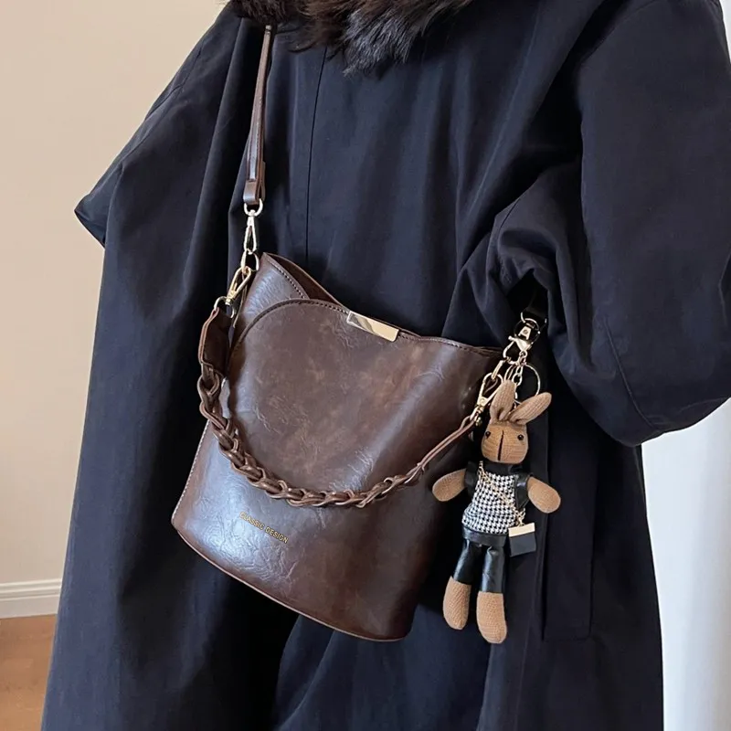 VINEY Cow Leather Shoulder Bag Crossbody Bag Bucket Bag Handbag Regular Women's Coffee/Black-1