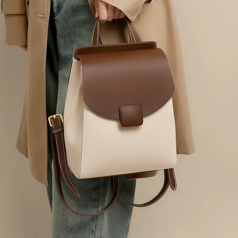 VINEY Cow Leather Backpack Regular Women's White & Coffee-1