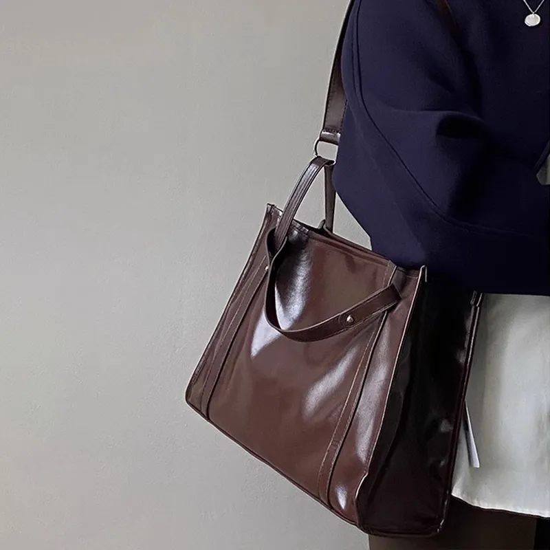 VINEY Cow Leather Tote Bag Shopping Bag Crossbody Bag Shoulder Bag Large Size Women's Brown/Black-2
