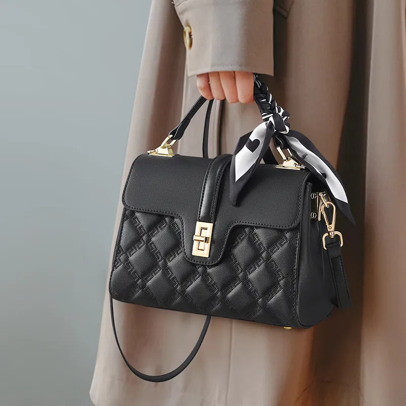 VINEY Cow Leather Handbag, Shoulder Bag, Crossbody Bag Medium Size Women's Black-1