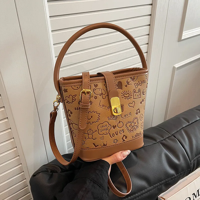 VINEY Synthetic Leather Bucket Bag Handbag Women's Brown-4