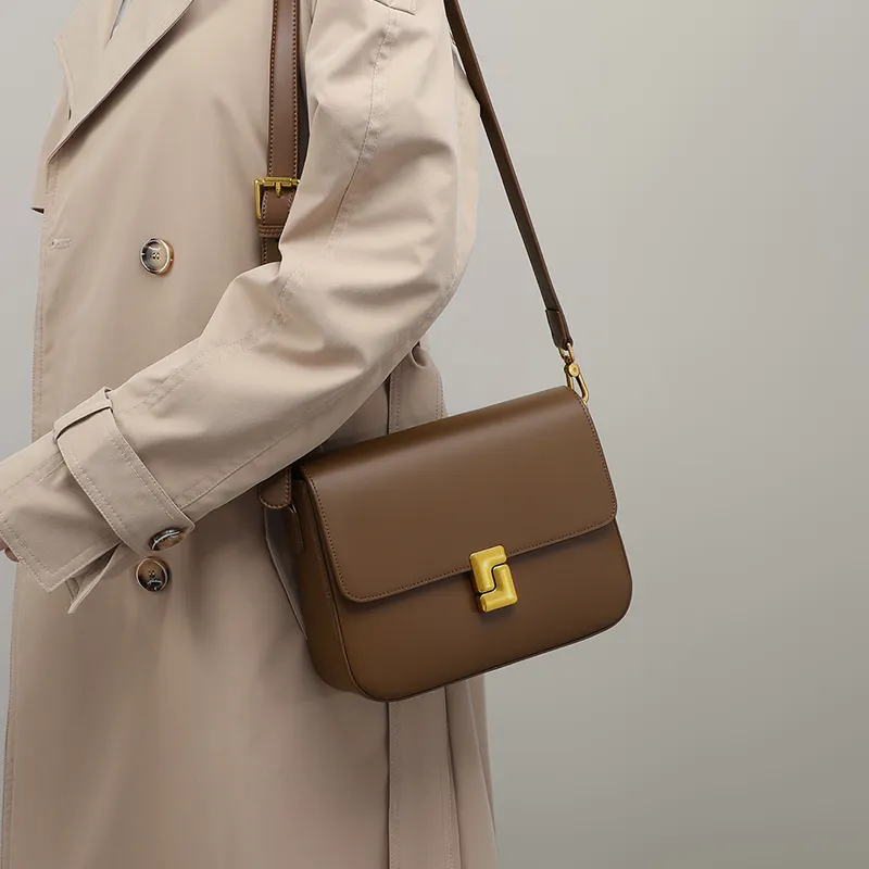 VINEY Cow Leather Shoulder Bag, Crossbody Bag, Tofu Bag Trumpets Women's Coffee-4