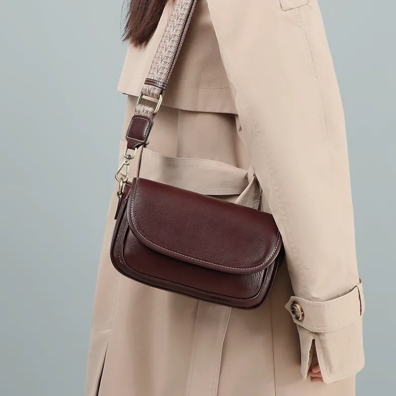 VINEY Cow Leather Bonded Synthetic Leather Small Square Bag Shoulder Bag Small Size Women's Dark Brown-16