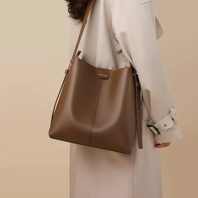 VINEY Cow Leather One Shoulder Crossbody Bucket Bag Regular Women's Coffee-1