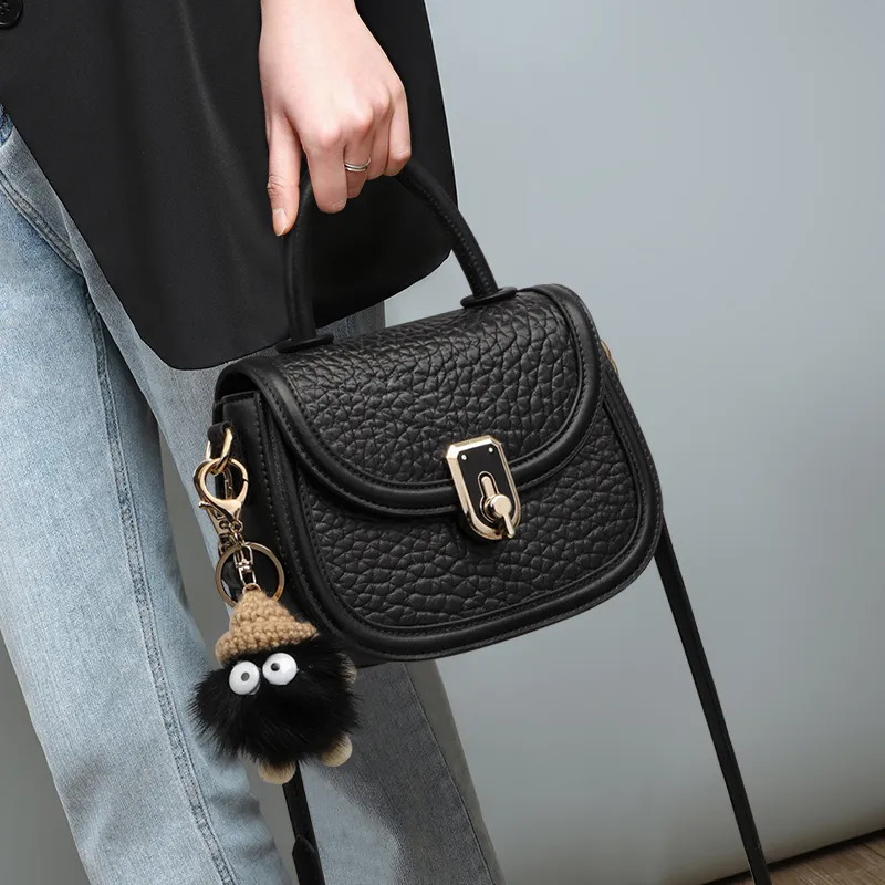 VINEY Cow Leather Shoulder Bag Crossbody Bag Saddle Bag Handbag Regular Women's Ecru/Black-7