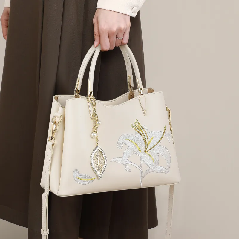 VINEY Cow Leather Handbags Shoulder Bag Crossbody Bag Large Size Women's Ecru-1