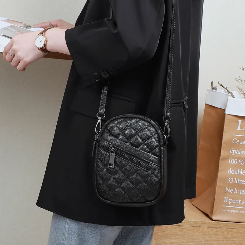 VINEY Cow Leather Shoulder Bag, Crossbody Bag, Cell Phone Pouch Trumpets Women's Black-2