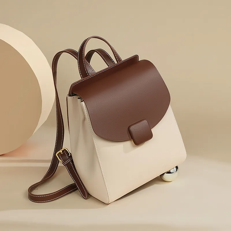 VINEY Cow Leather Backpack Regular Women's White & Coffee-2