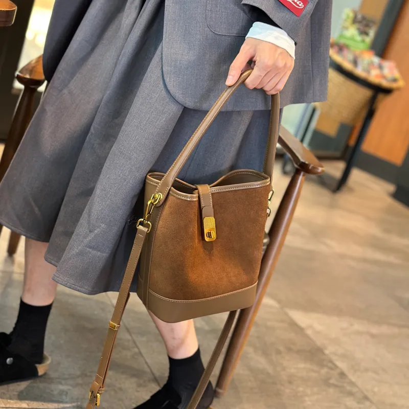 VINEY Cow Leather Patchwork Synthetic Leather Handbag Shoulder Bag Crossbody Bag Bucket Bag Regular Women's Coffee-8