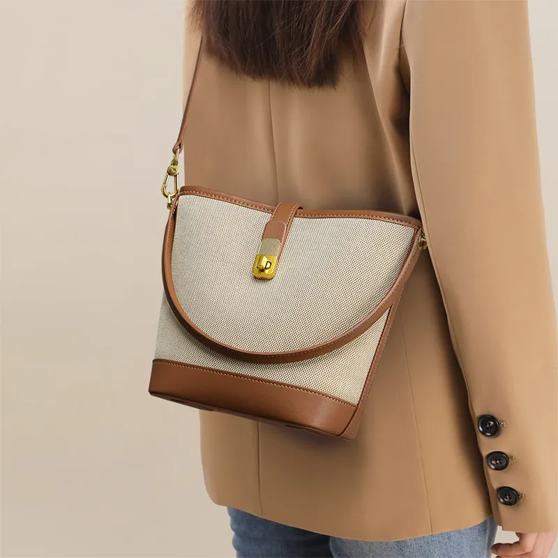 VINEY Fabric Bucket Bag Handbag Medium Size Women's Ecru & Brown-1