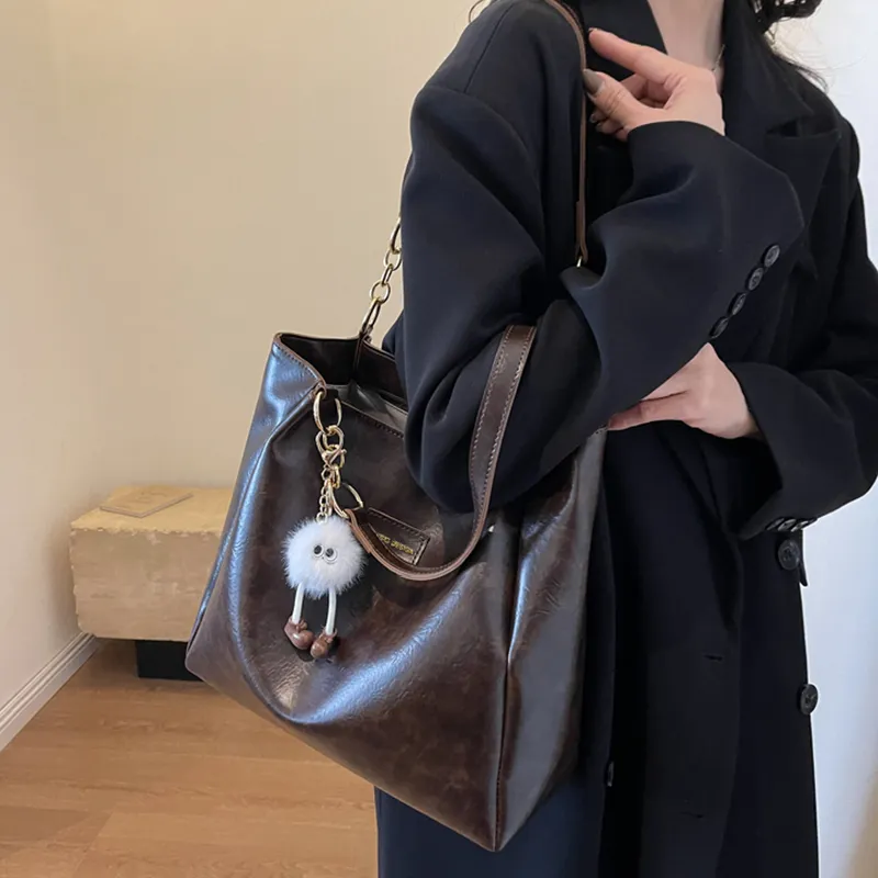 VINEY Synthetic Leather Shoulder Bag Shopping Bag Tote Bag Large Size Women's Coffee-1