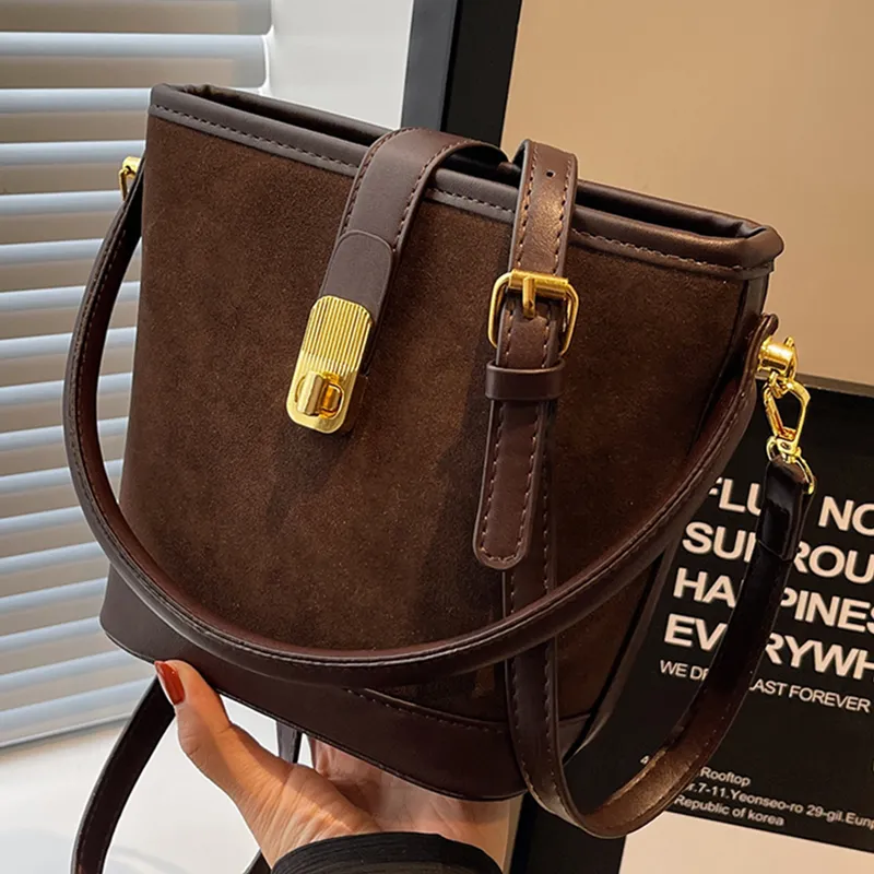 VINEY Cow Leather Patchwork Synthetic Leather Handbag Shoulder Bag Crossbody Bag Bucket Bag Regular Women's Coffee-4