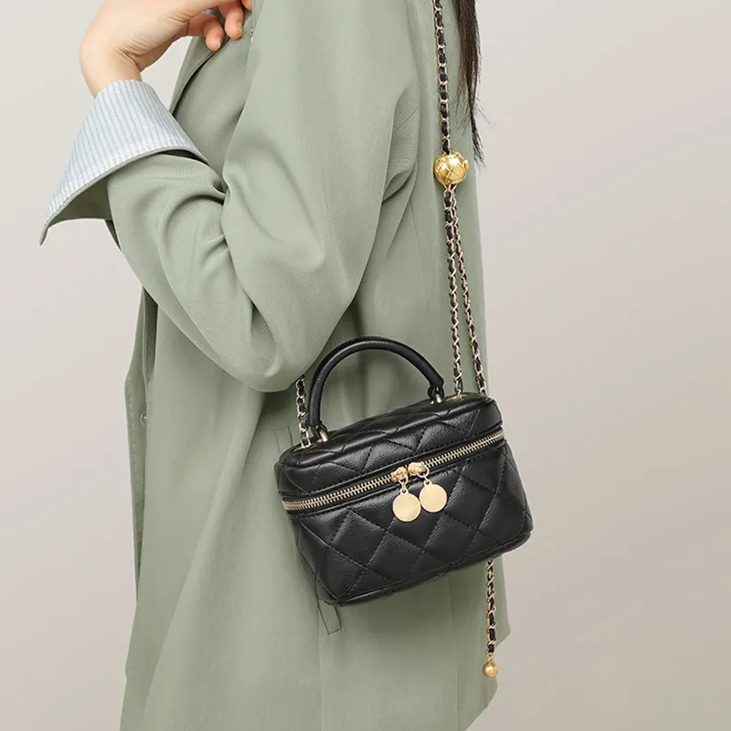 VINEY Cow Leather Handbag Shoulder Bag Crossbody Bag Box Bag Small Size Women's Black-2