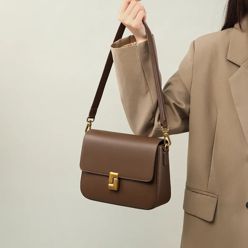 VINEY Cow Leather Shoulder Bag, Crossbody Bag, Tofu Bag Trumpets Women's Coffee-1