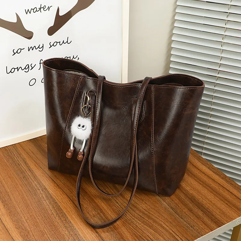 VINEY Synthetic Leather Tote Shoulder Bag Shopping Bag Large Size Women's Coffee-2