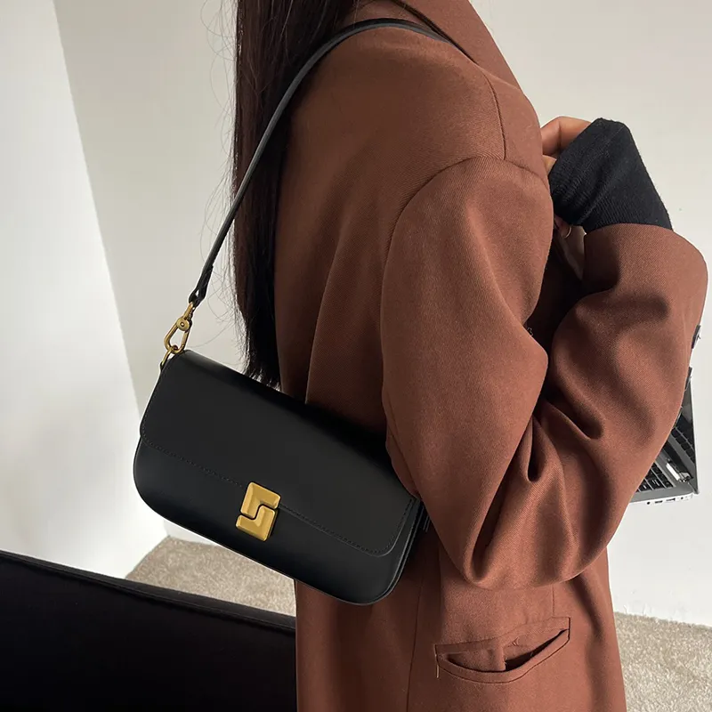 VINEY Cow Leather Crossbody Bag, Shoulder Bag, Baguette Bag Regular Women's Black/Milkshake White-2