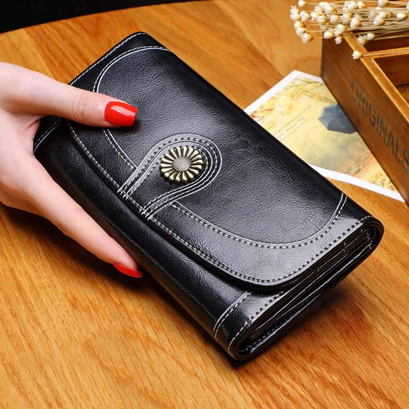 VINEY Cow Leather Wallet Money Clip Card Holder Clutch Small Size Unisex Black-2