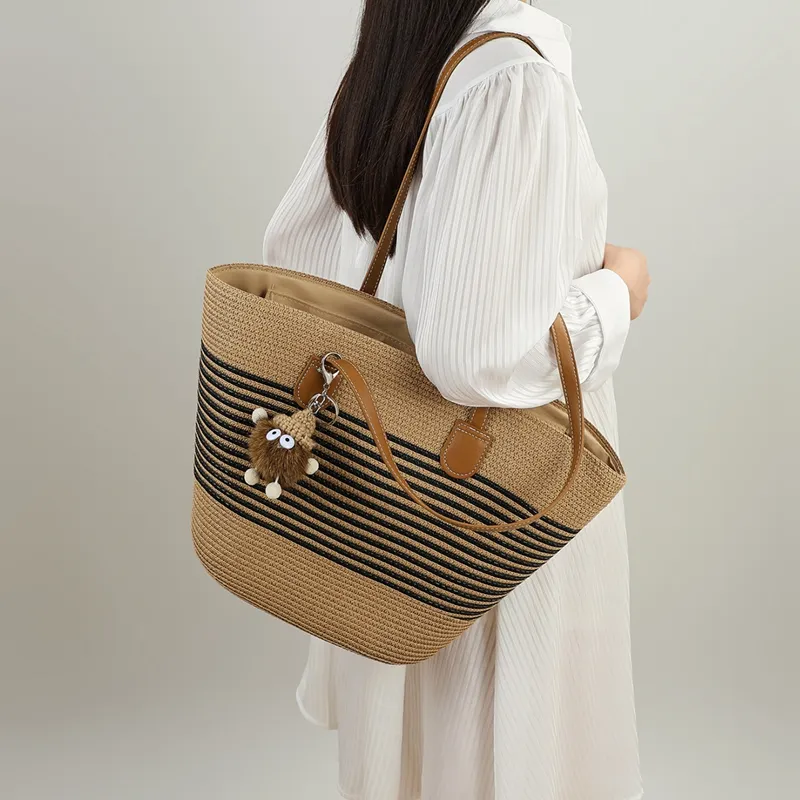 VINEY Fabric Handbag Shoulder Bag Tote Bucket Bag Large Size Women's Brown/Brown Black-6