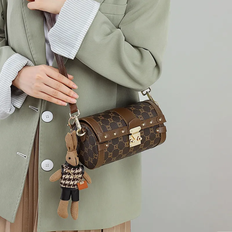 VINEY Synthetic Leather Shoulder Bag Crossbody Bag Cylinder Bag Small Size Women's Coffee-1
