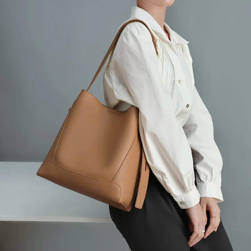 VINEY Cow Leather Shoulder Bag, Crossbody Bag, Bucket Bag Large Size Women's Cocoa Brown-2
