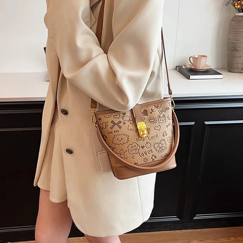 VINEY Synthetic Leather Bucket Bag Handbag Women's Brown-5