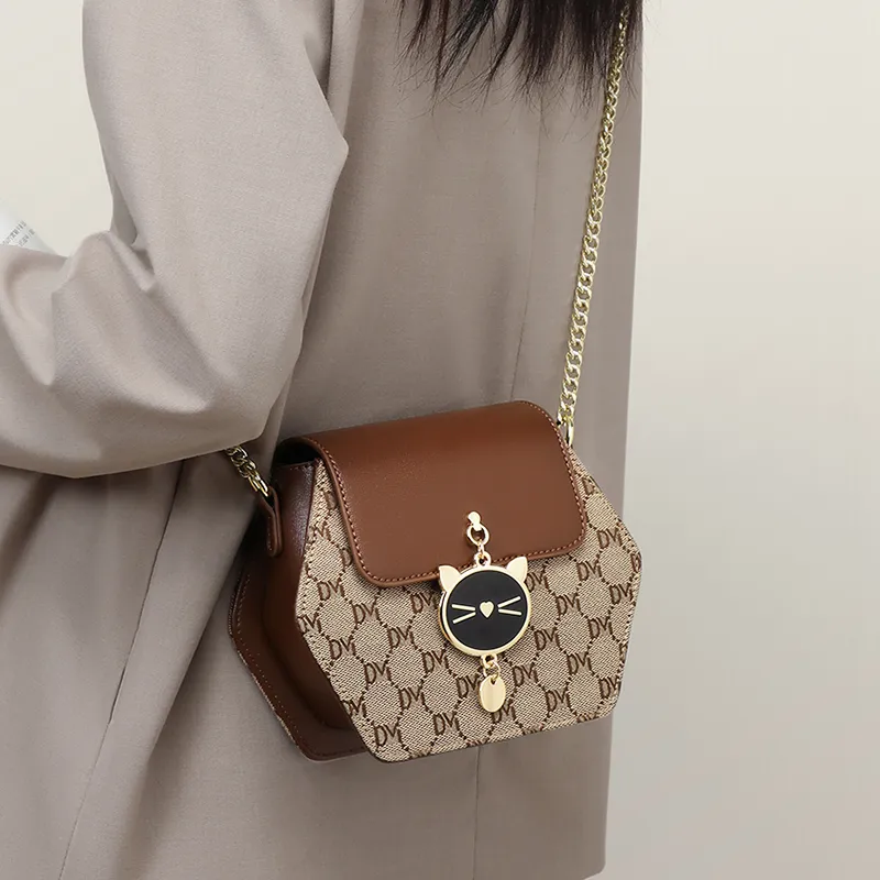 VINEY Fabric With Synthetic Leather Shoulder Bag Crossbody Bag Small Size Women's Coffee-1
