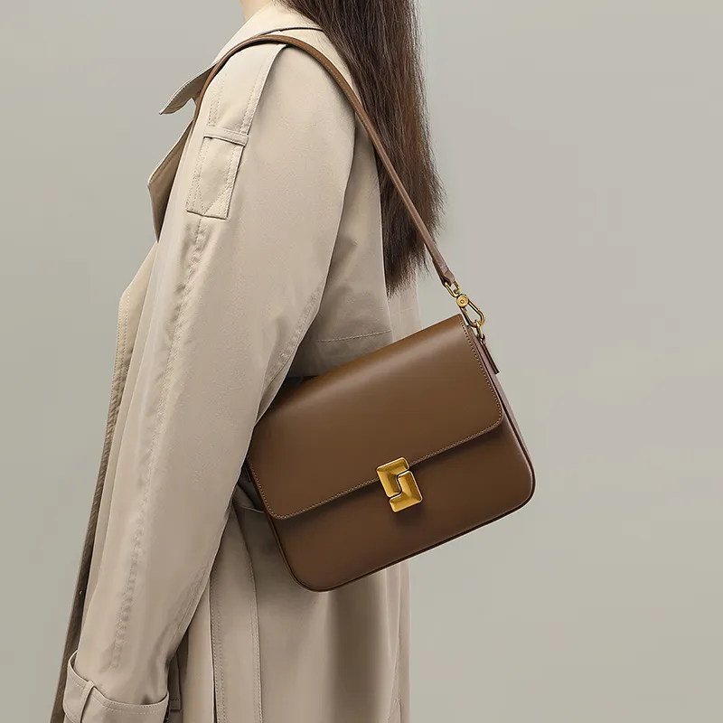 VINEY Cow Leather Shoulder Bag, Crossbody Bag, Tofu Bag Trumpets Women's Coffee-2