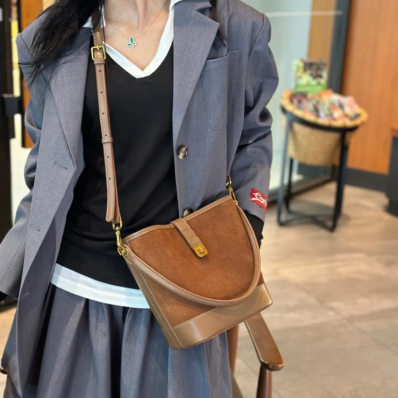 VINEY Cow Leather Patchwork Synthetic Leather Handbag Shoulder Bag Crossbody Bag Bucket Bag Regular Women's Coffee-9