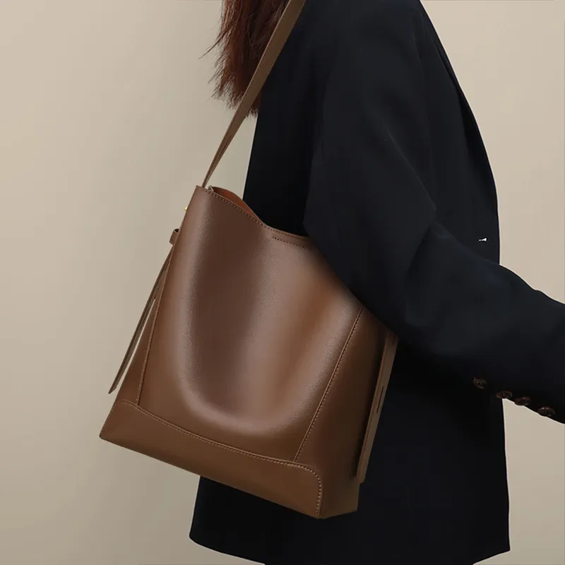 VINEY Cow Leather Patchwork Synthetic Leather Shoulder Bag Crossbody Bag Bucket Bag Large Size Women's Coffee-4