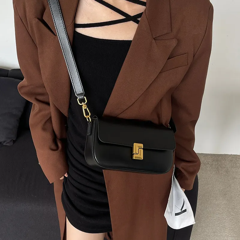 VINEY Cow Leather Crossbody Bag, Shoulder Bag, Baguette Bag Regular Women's Black/Milkshake White-3