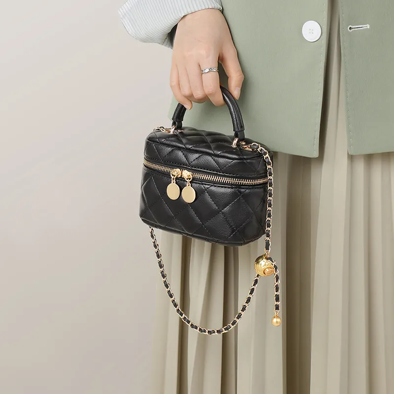 VINEY Cow Leather Handbag Shoulder Bag Crossbody Bag Box Bag Small Size Women's Black-3