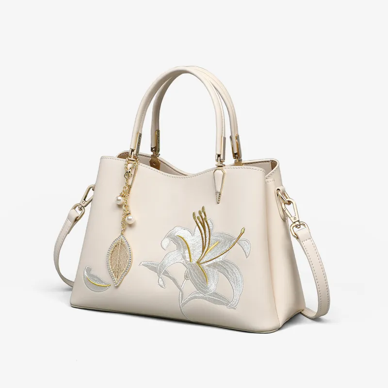VINEY Cow Leather Handbags Shoulder Bag Crossbody Bag Large Size Women's Ecru-3