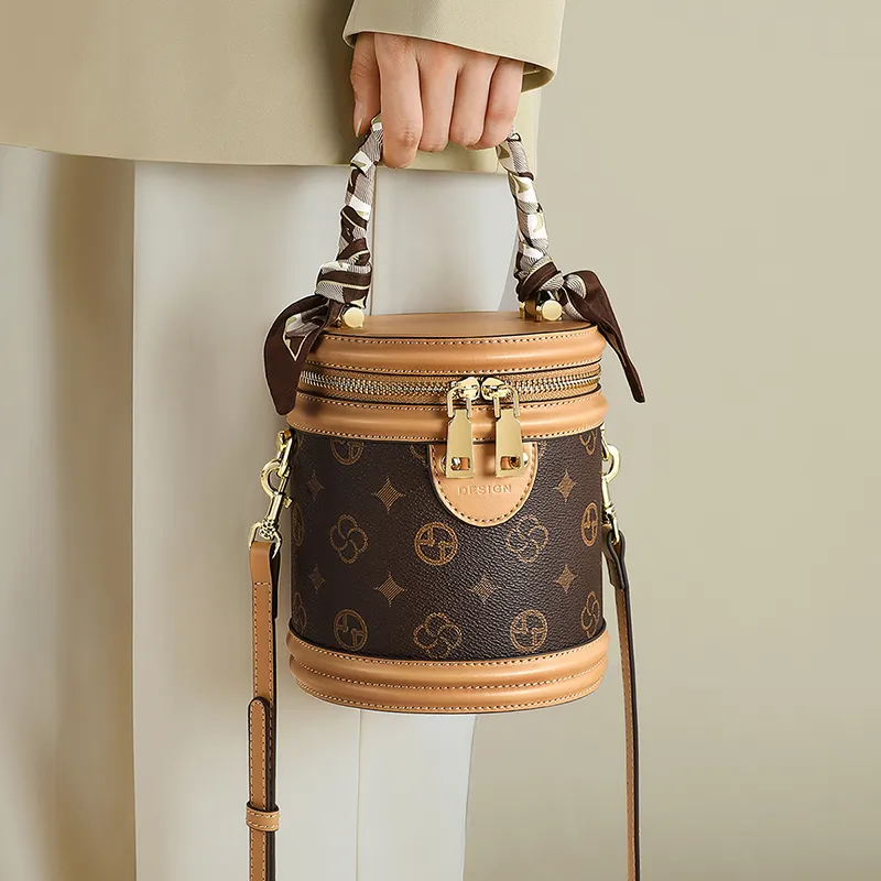 VINEY Synthetic Leather Shoulder Bag, Crossbody Bag, Handbag, Cylinder Bag Trumpets Women's Khaki & Coffee-1