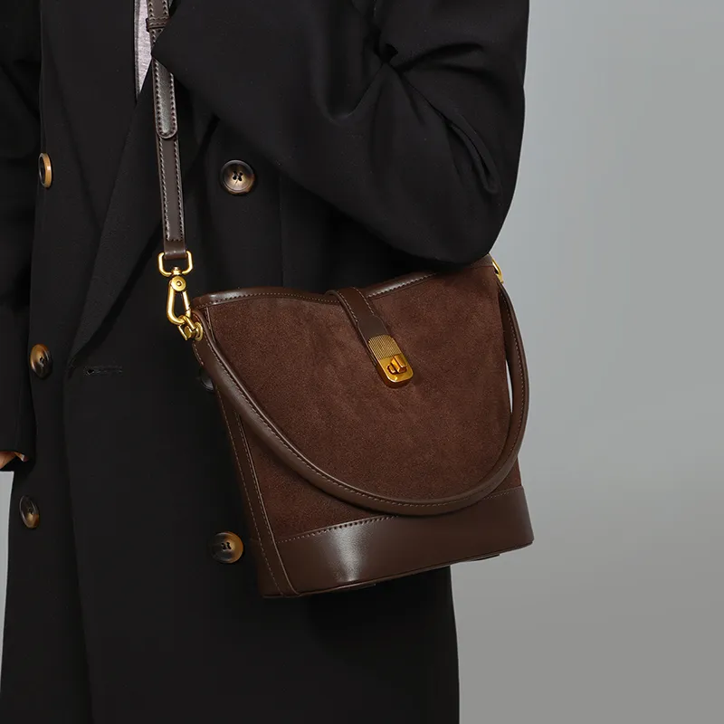 VINEY Cow Leather Patchwork Synthetic Leather Handbag Shoulder Bag Crossbody Bag Bucket Bag Regular Women's Coffee-2
