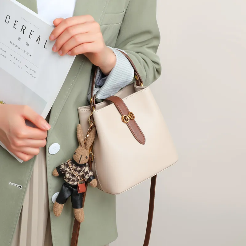 VINEY Cow Leather Handbag Crossbody Bag Shoulder Bag Bucket Bag Regular Women's Sea Salt White-4