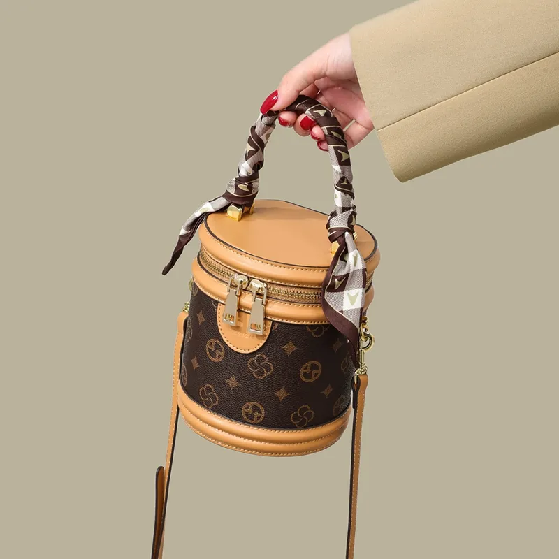 VINEY Synthetic Leather Shoulder Bag, Crossbody Bag, Handbag, Cylinder Bag Trumpets Women's Khaki & Coffee-4
