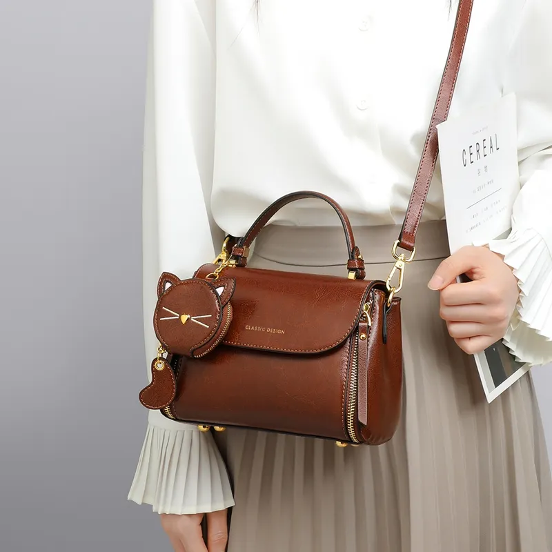 VINEY Cow Leather Handbag, Shoulder Bag, Crossbody Bag Regular Women's Coffee-4