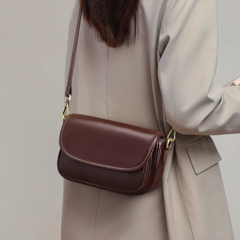 VINEY Cow Leather Bonded Synthetic Leather Small Square Bag Shoulder Bag Small Size Women's Dark Brown-14