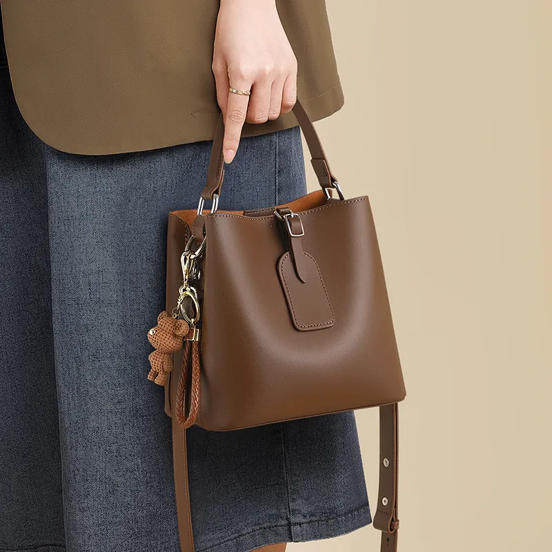 VINEY Cow Leather Handbag One Shoulder Crossbody Bucket Bag Regular Women's Coffee-1