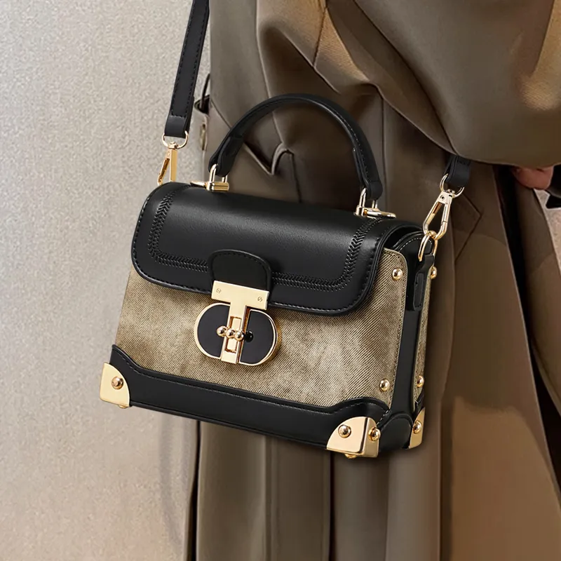 VINEY Synthetic Leather Handbag, Shoulder Bag, Crossbody Bag Regular Women's Khaki & Black-1