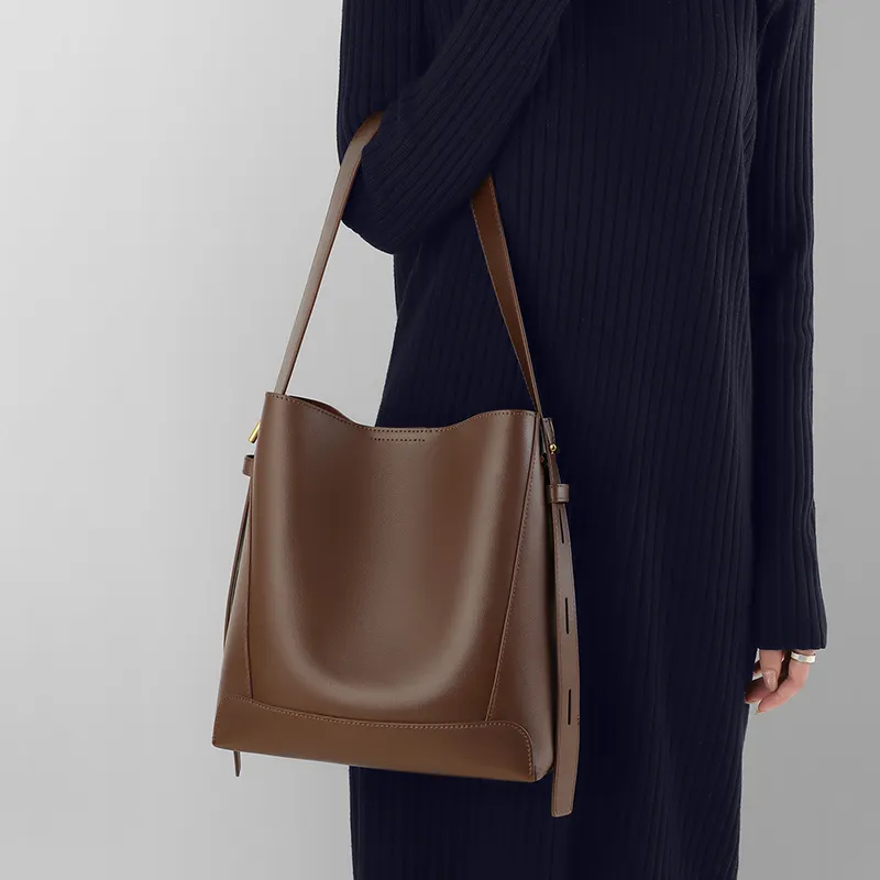 VINEY Cow Leather Patchwork Synthetic Leather Shoulder Bag Crossbody Bag Bucket Bag Large Size Women's Coffee-2