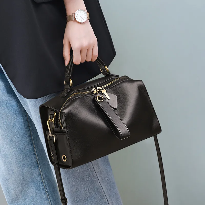 VINEY Cow Leather One Shoulder Crossbody Handbag Medium Size Women's Classic Black-2