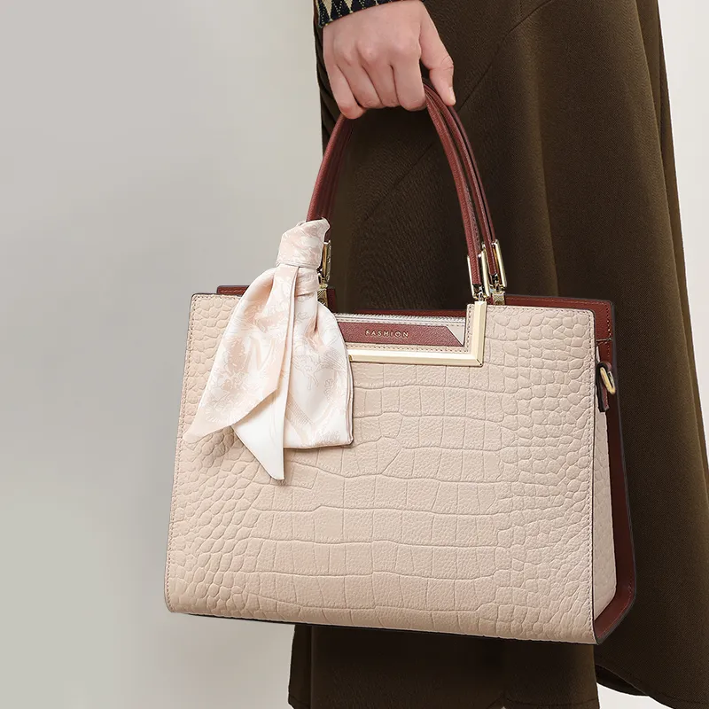 VINEY Cow Leather Patchwork Synthetic Leather Commute Bag One Shoulder Handbag Regular Women's Apricot/Blue-1