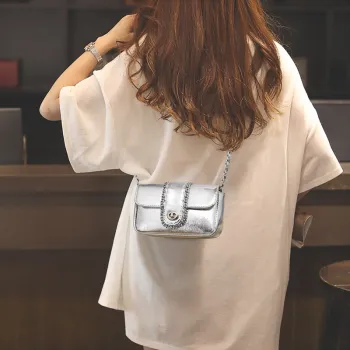 VINEY Cow Leather Shoulder Bag, Crossbody Bag, Small Square Bag Regular Women's Silver