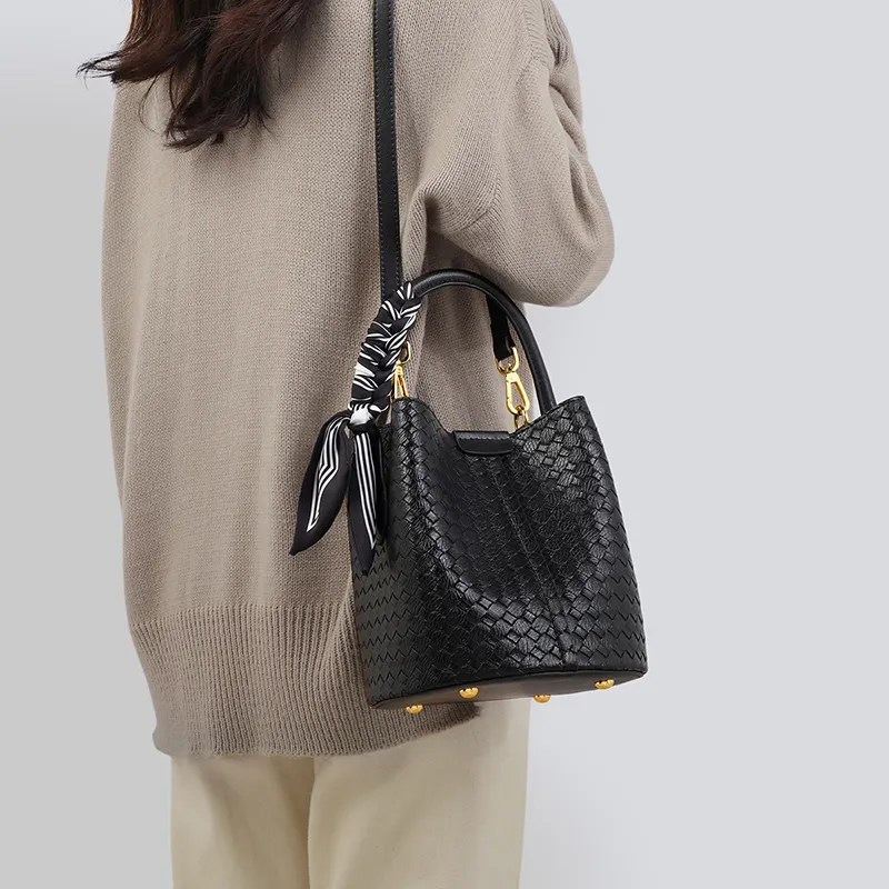 VINEY Cow Leather With Synthetic Leather Bucket Bag, One Shoulder Handbag Regular Women's Black-5