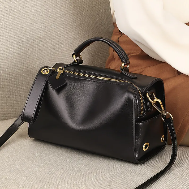 VINEY Cow Leather One Shoulder Crossbody Handbag Medium Size Women's Classic Black-1