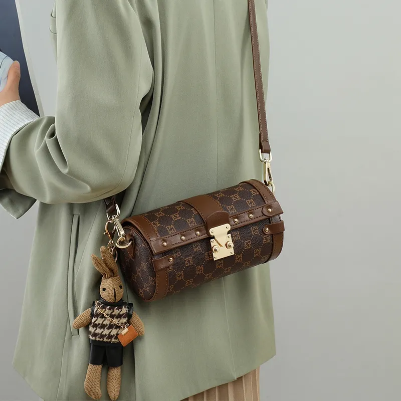 VINEY Synthetic Leather Shoulder Bag Crossbody Bag Cylinder Bag Small Size Women's Coffee-2