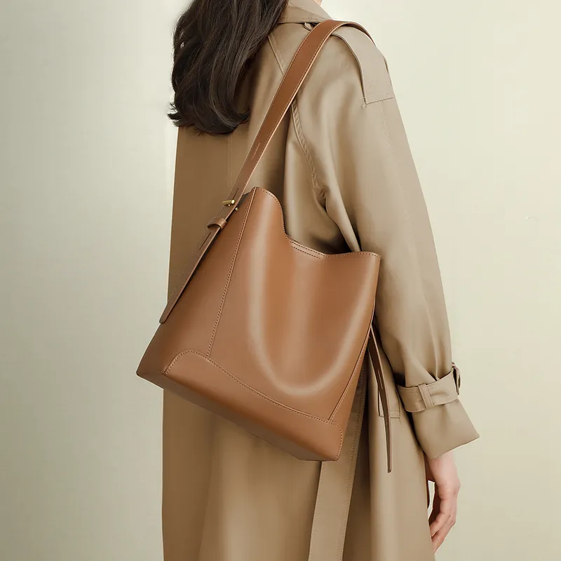 VINEY Cow Leather Shoulder Bag, Crossbody Bag, Bucket Bag Large Size Women's Cocoa Brown-1