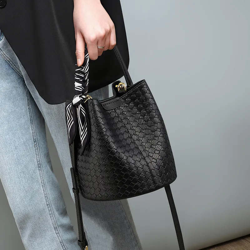 VINEY Cow Leather With Synthetic Leather Bucket Bag, One Shoulder Handbag Regular Women's Black-2